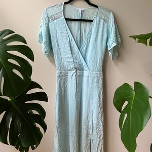 Turquoise Short Sleeve Mid-Length V neck Dress